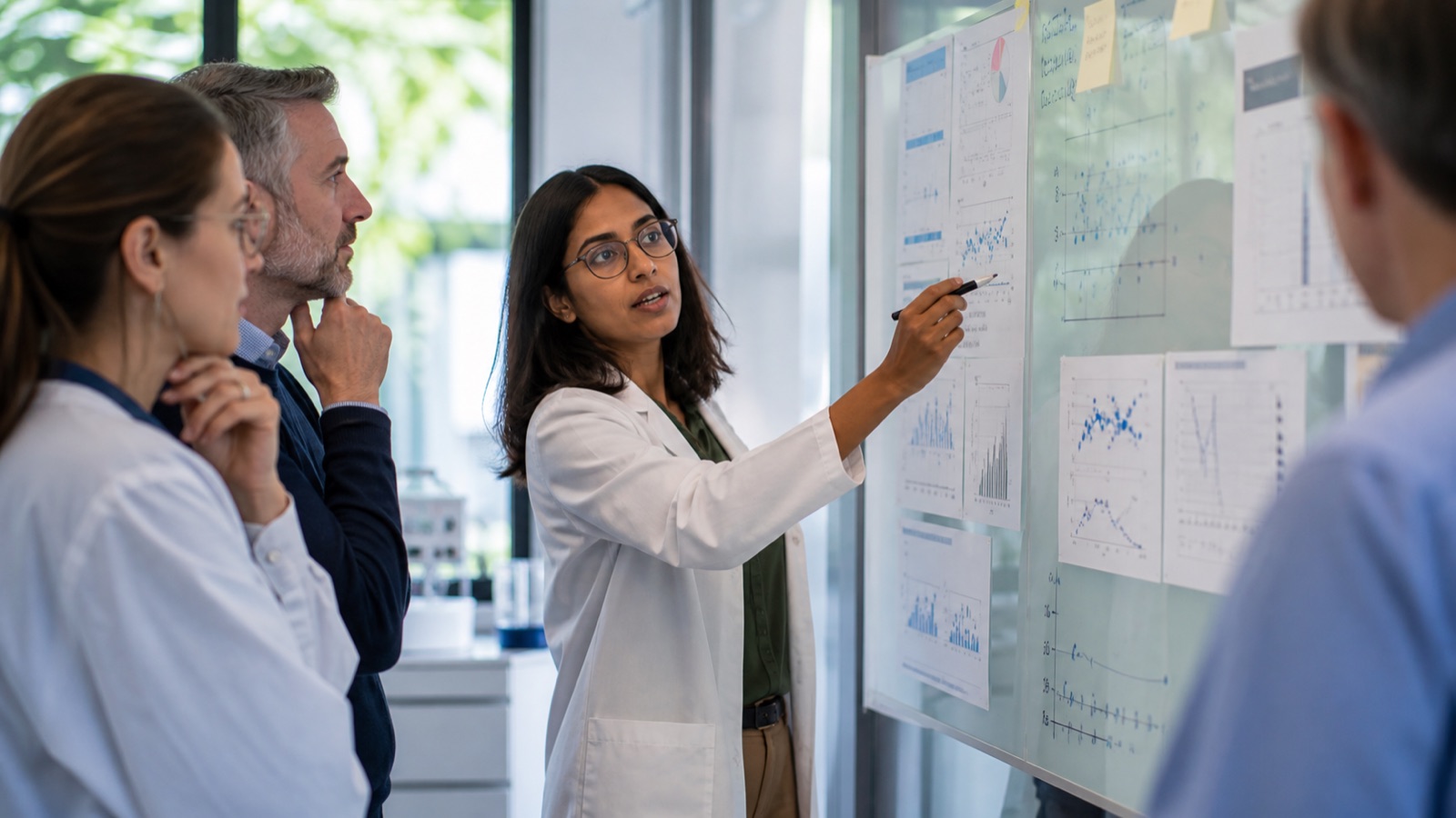 Biostatistician discussing clinical study results with a research team