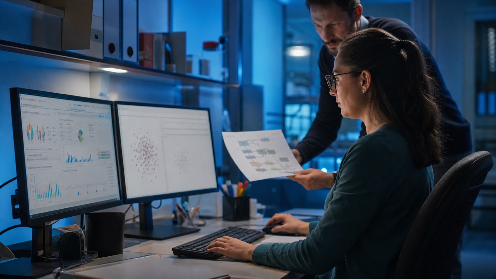 Clinical data manager reviewing trial data quality on secure monitors