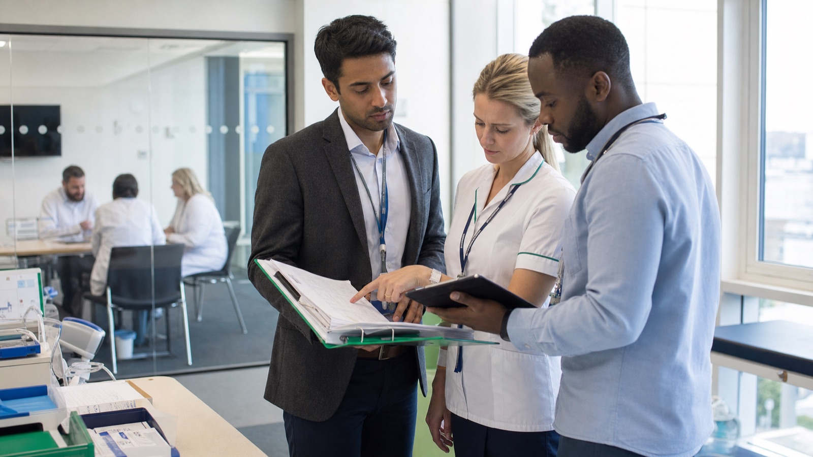 Clinical research associate reviewing trial documents with a hospital research team