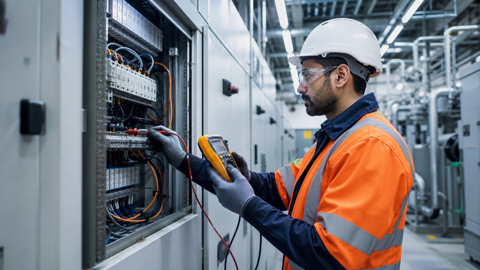 Electrical engineer inspecting industrial control equipment in a UK facility