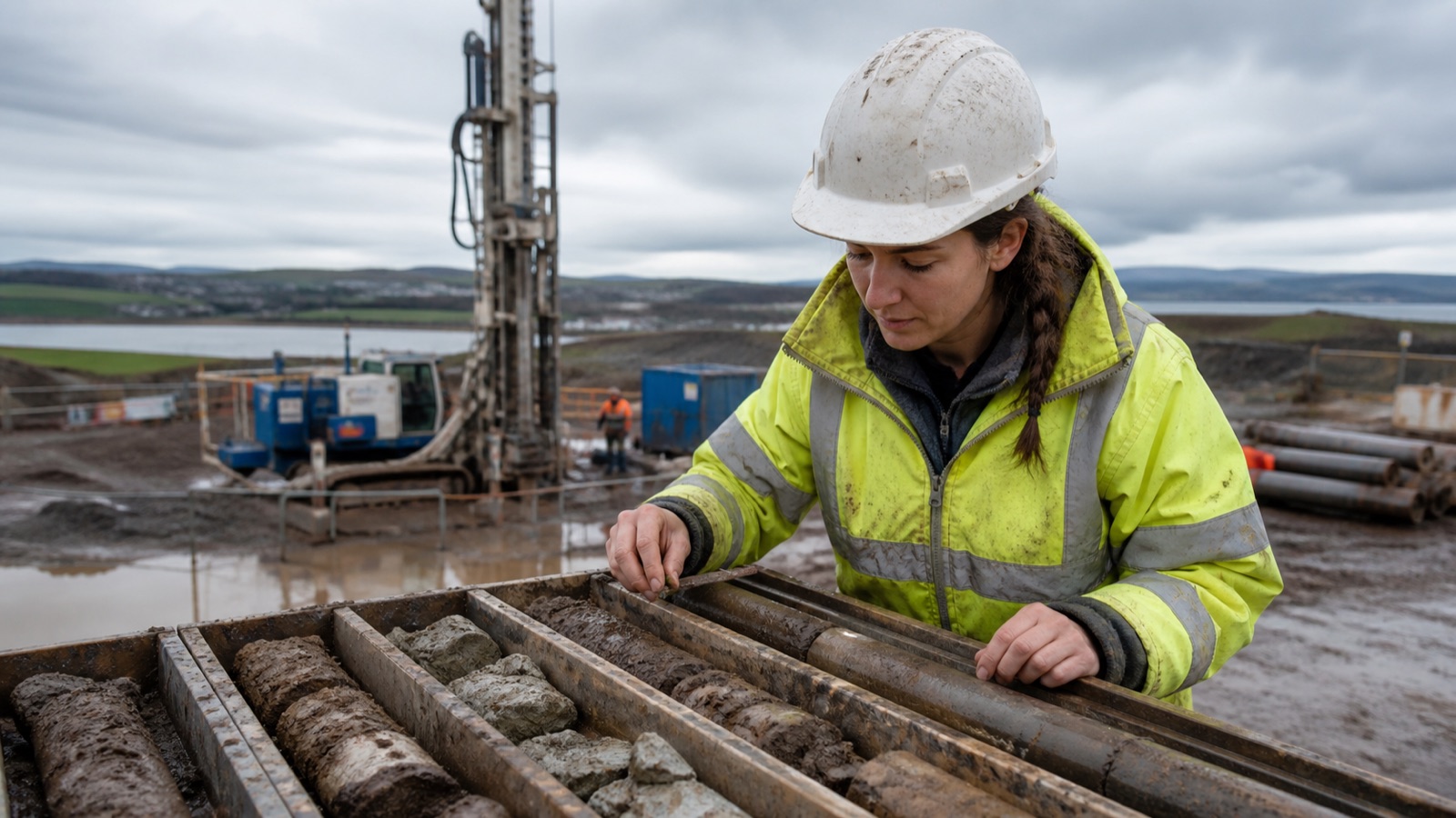Geotechnical engineer examining soil cores at an infrastructure site