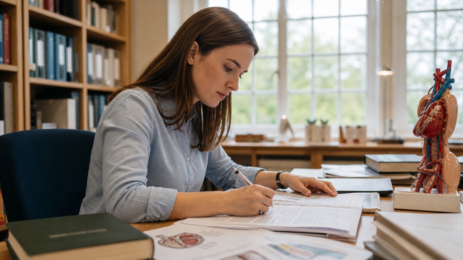 Medical writer editing a scientific manuscript with clinical references