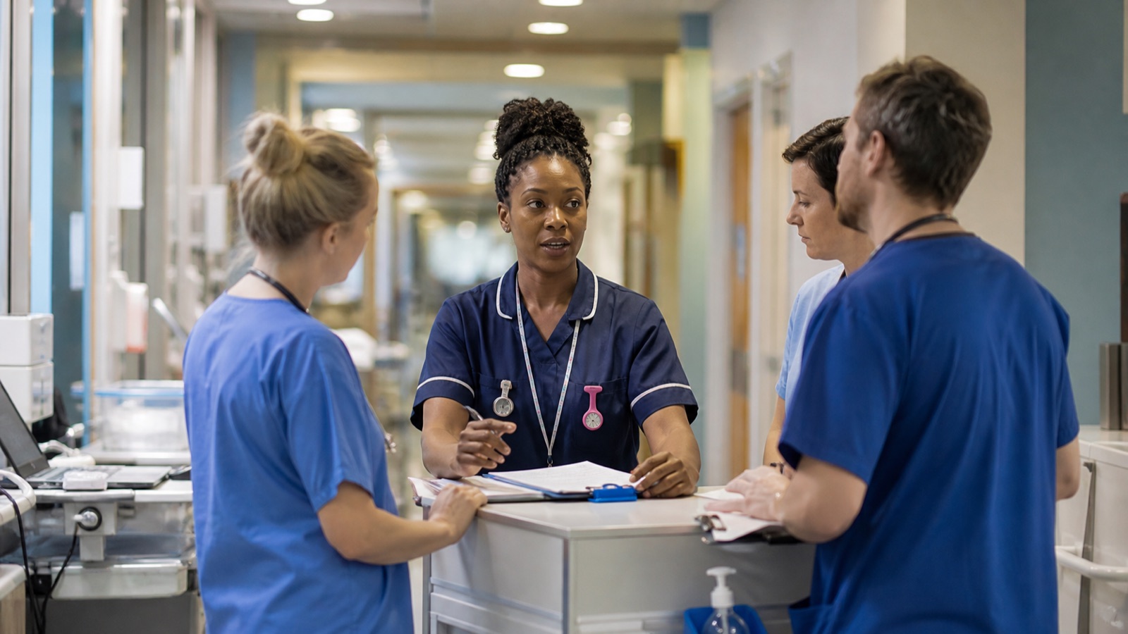 Band 6 nurse leading a clinical handover with an NHS hospital team