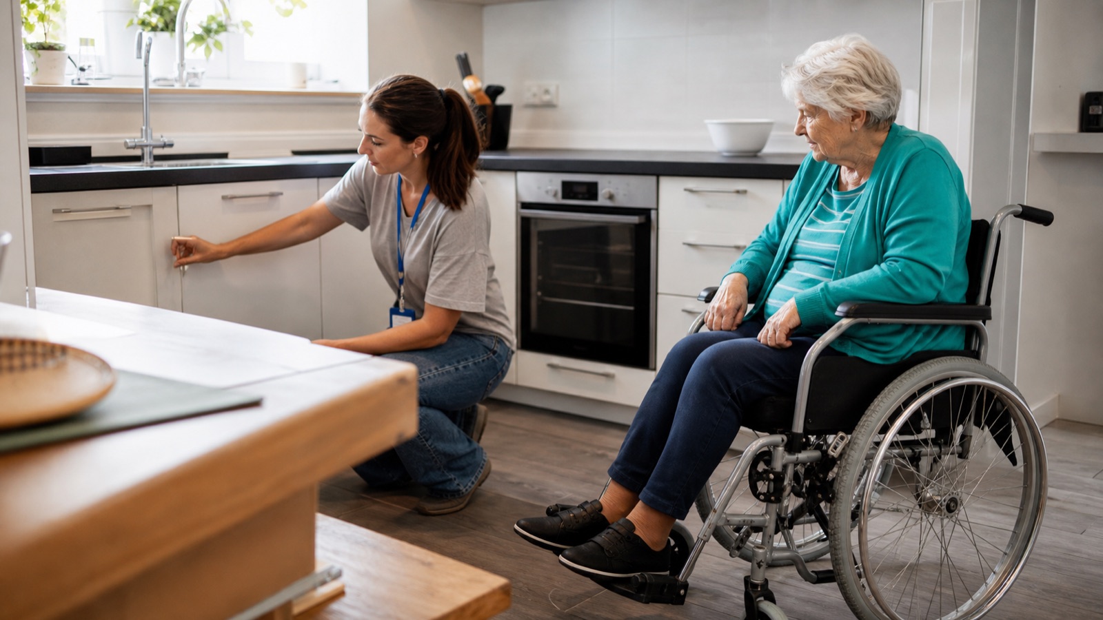Occupational therapist assessing daily living equipment with a patient