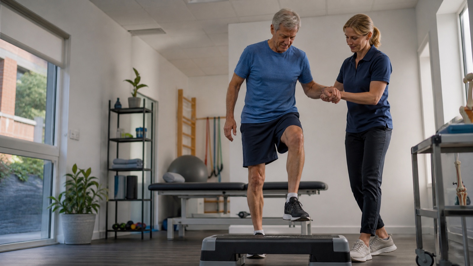 Physiotherapist supporting a patient during rehabilitation in a UK clinic