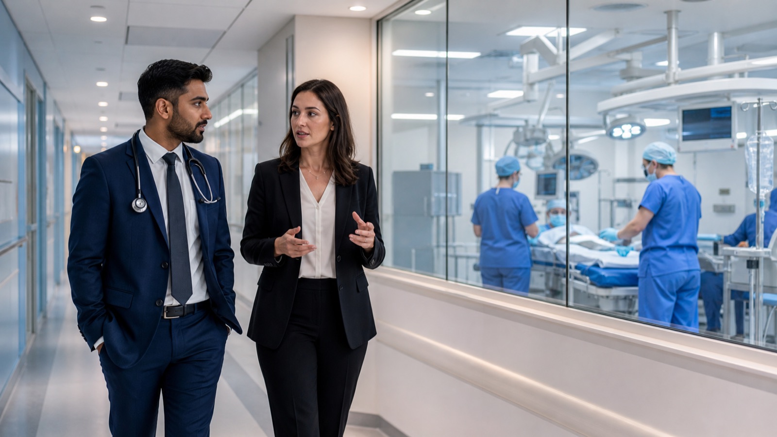 International clinician meeting a recruiter inside a private UK hospital