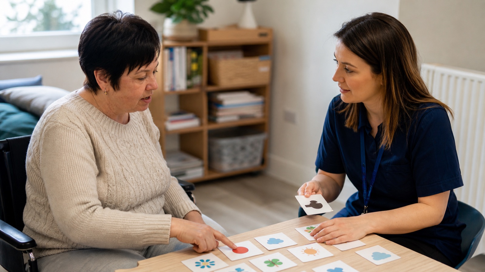 Speech and language therapist working with a patient in a bright clinic