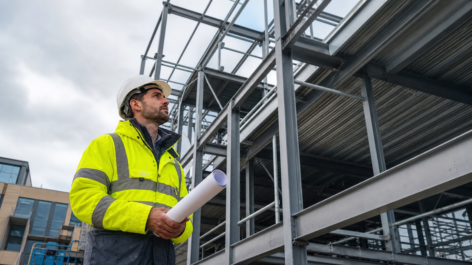 Structural engineer inspecting a modern building frame with design drawings