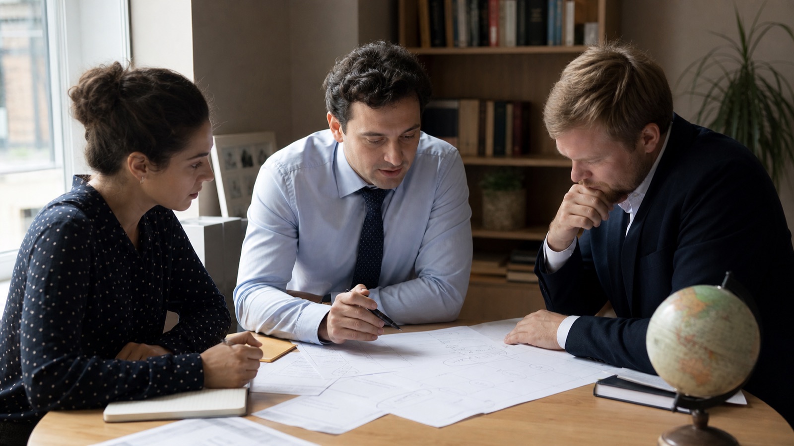 Tax adviser discussing a complex UK tax case with colleagues