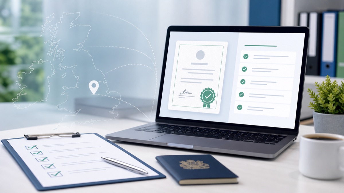 UK Certificate of Sponsorship checklist and visa application research on a professional desk