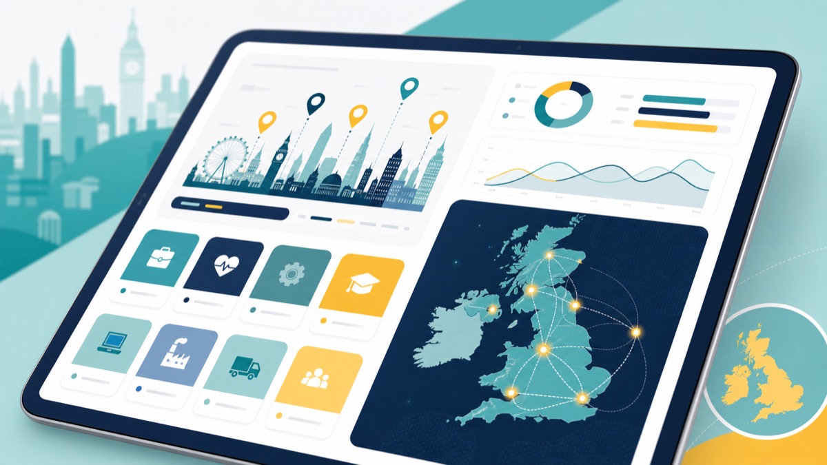 Map-style visual of UK cities, industries, and visa routes for sponsorship job search