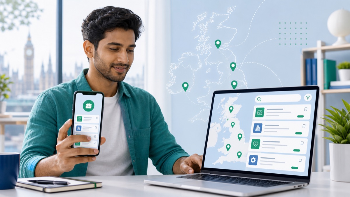 International job seeker searching UK sponsored jobs with map pins and job cards