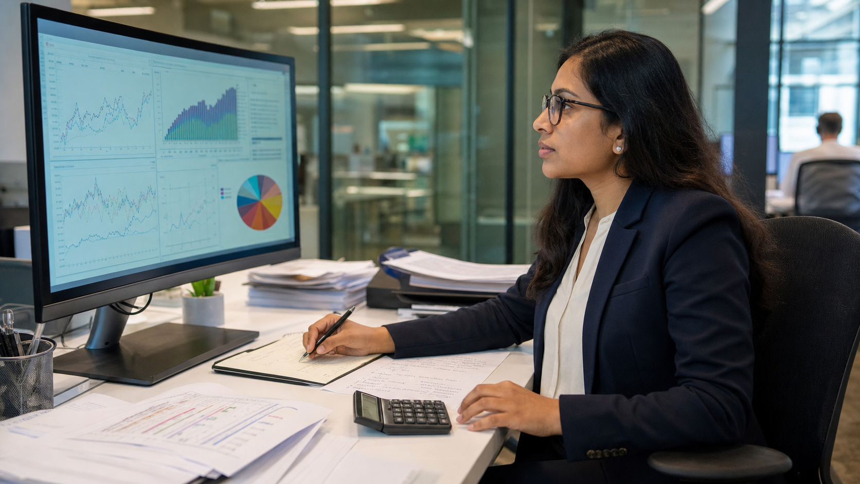 Actuary reviewing risk models and professional exam progress