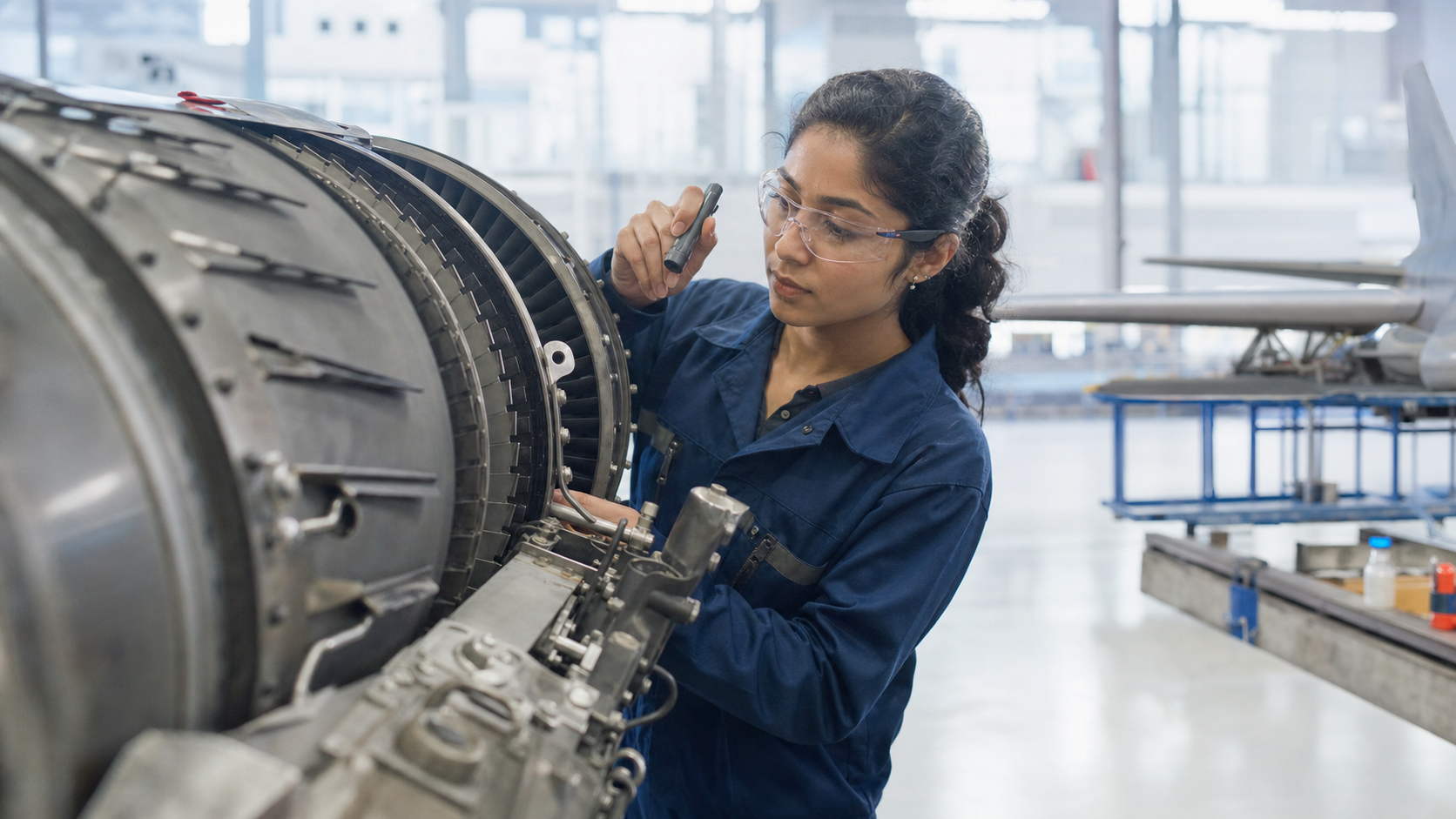 Aerospace engineer inspecting technical systems in a manufacturing facility