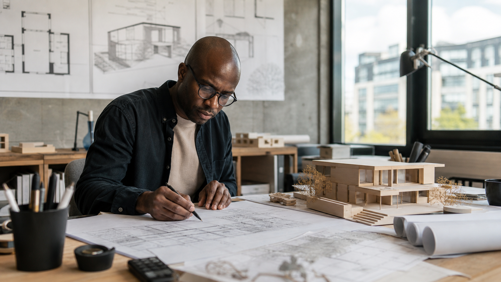 Architect reviewing building plans and a professional portfolio