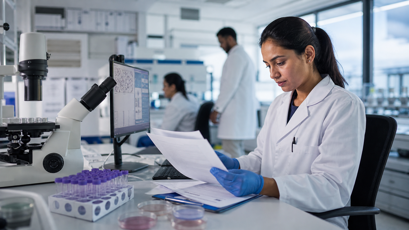Clinical research team reviewing trial data in a laboratory office