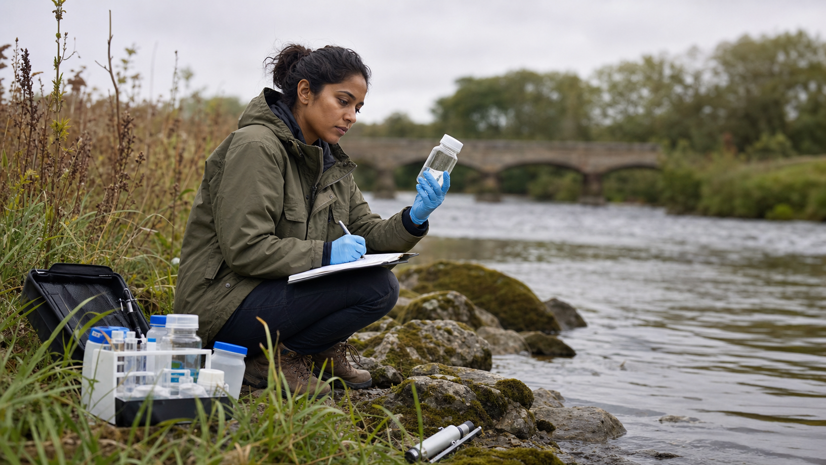 Environmental scientist collecting and reviewing field project data