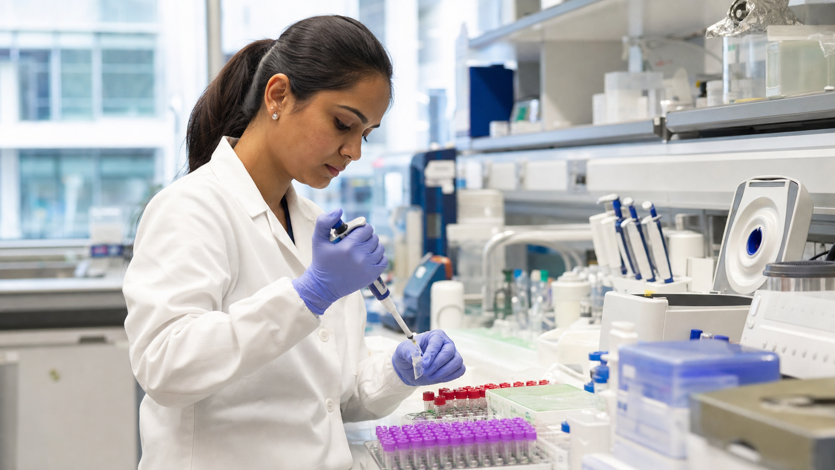 Laboratory technician carrying out precise testing in a modern lab