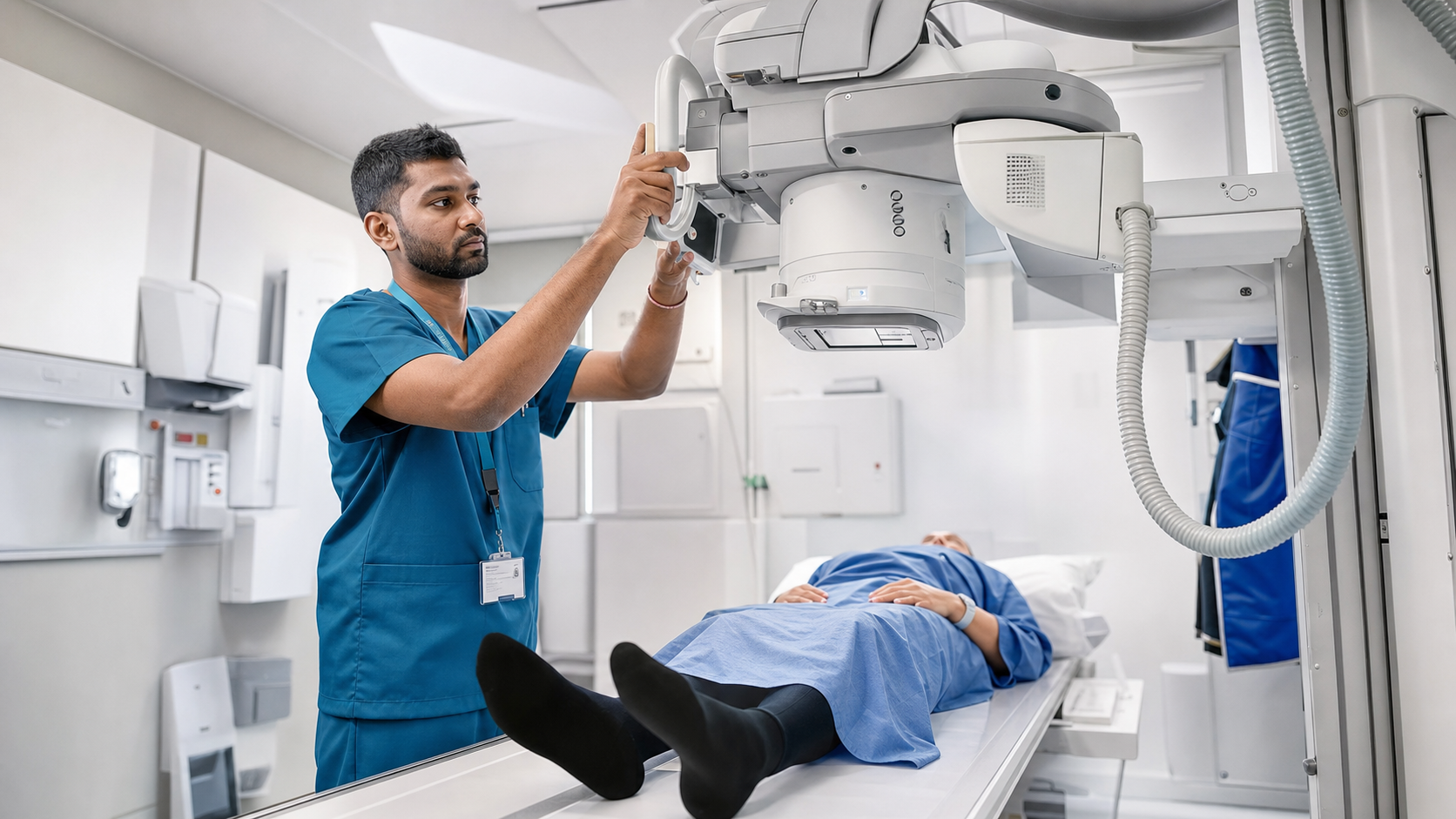 Radiographer preparing medical imaging equipment in a healthcare workplace