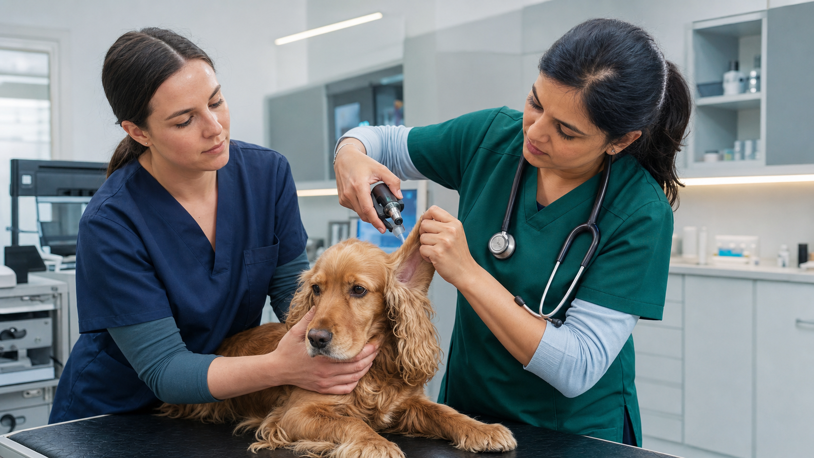 Veterinary surgeon examining an animal in a UK clinical setting