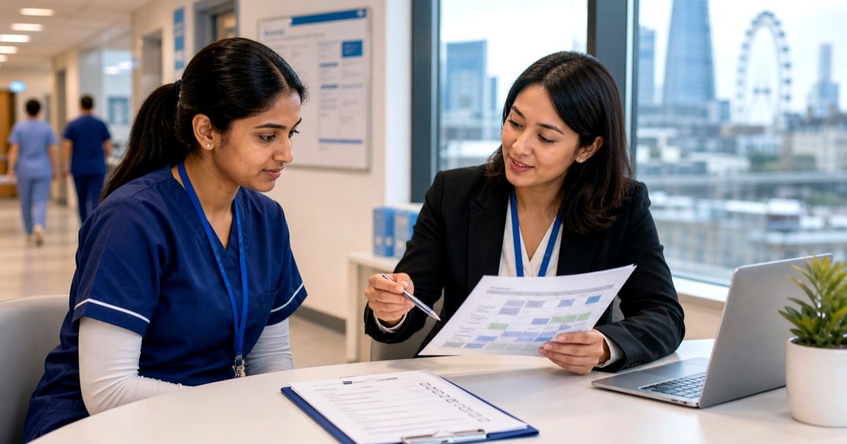 Nurse researching UK visa sponsorship jobs outside London