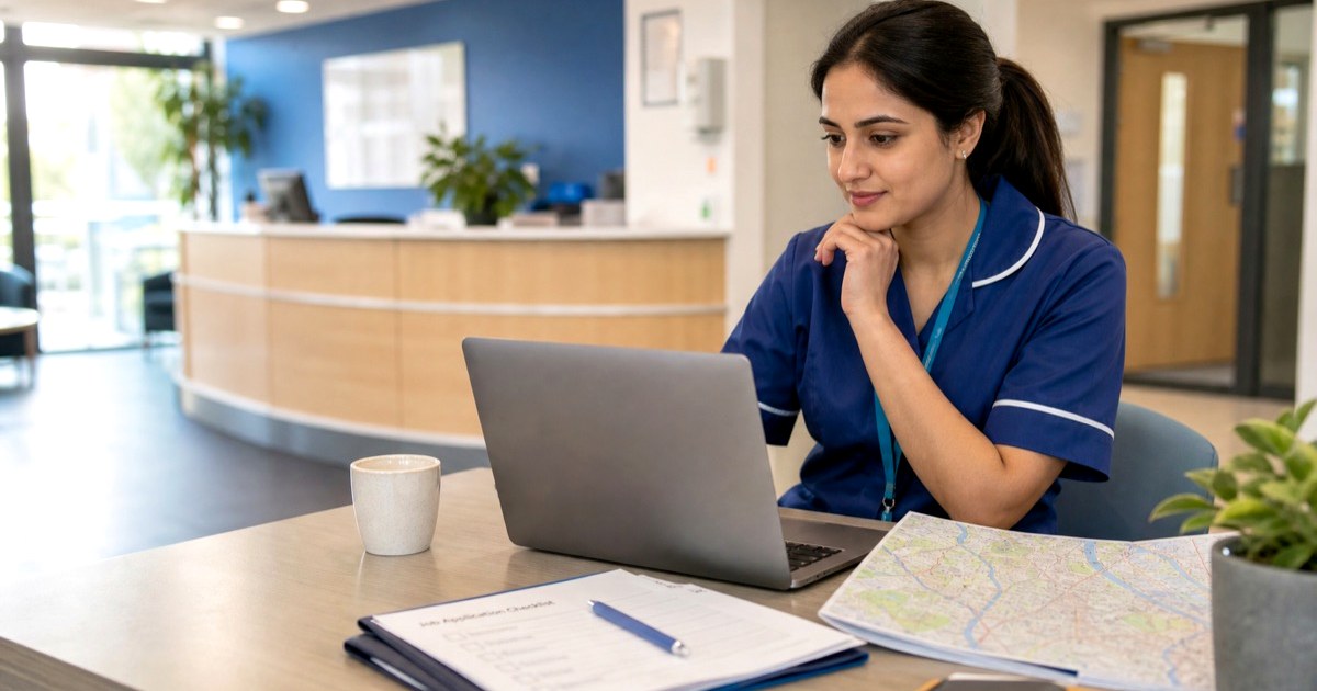 Pharmacist checking UK visa sponsorship job and registration evidence